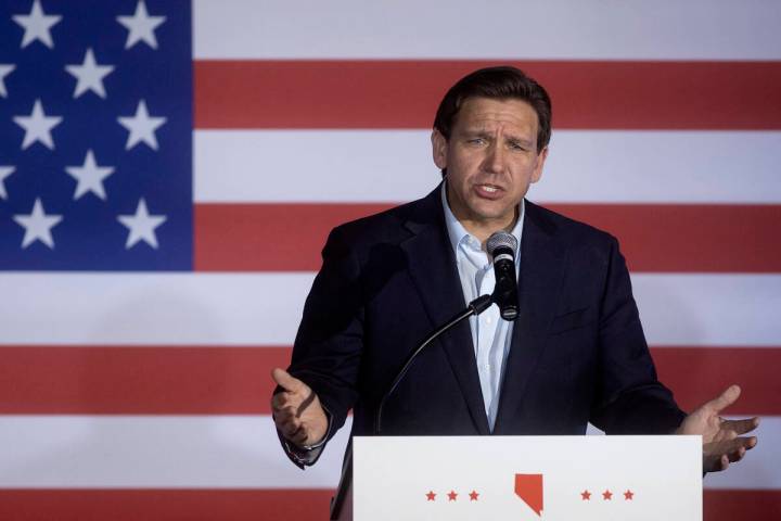 Florida Gov. Ron DeSantis speaks during an event on his book tour at Stoney’s Rockin&#x2 ...