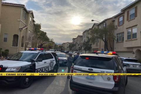 Las Vegas police respond to a shooting in the 8900 block of Jamie Lee Avenue around 4 p.m. Tues ...