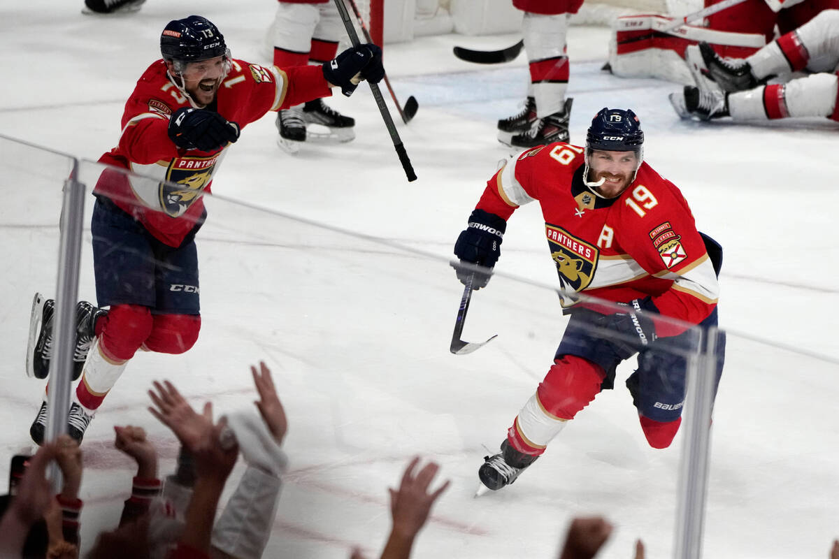 Florida Panthers left wing Matthew Tkachuk (19) reacts after scoring the game-winning goal agai ...