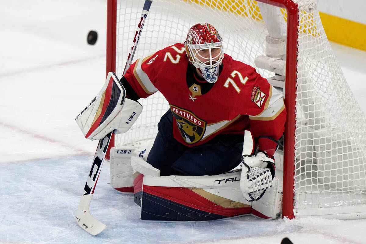 Florida Panthers goaltender Sergei Bobrovsky defends the goal during the first period of Game 4 ...