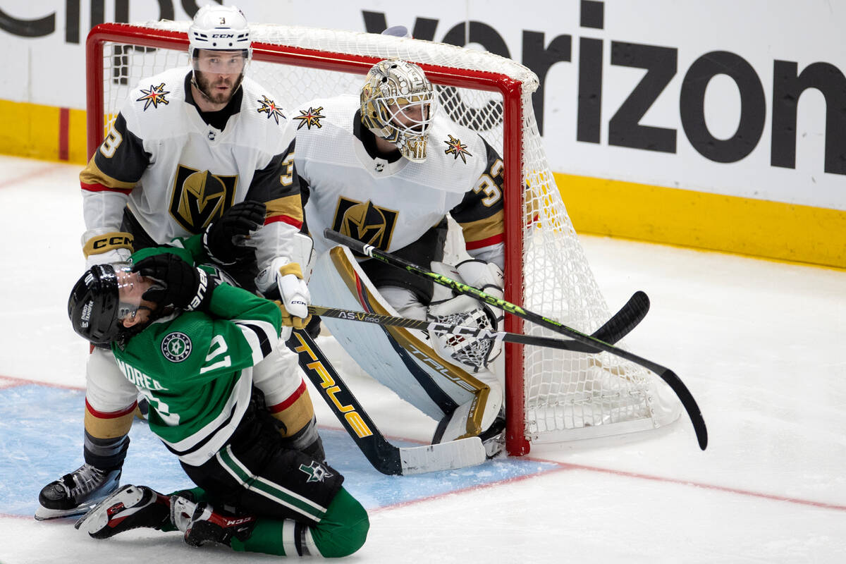 Golden Knights defenseman Brayden McNabb (3) reacts after high-sticking Dallas Stars center Ty ...