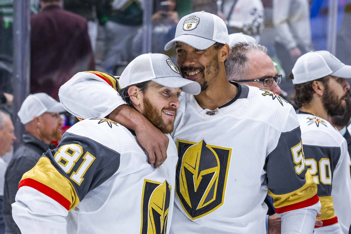 Golden Knights right wing Jonathan Marchessault (81) and right wing Keegan Kolesar (55) celebr ...