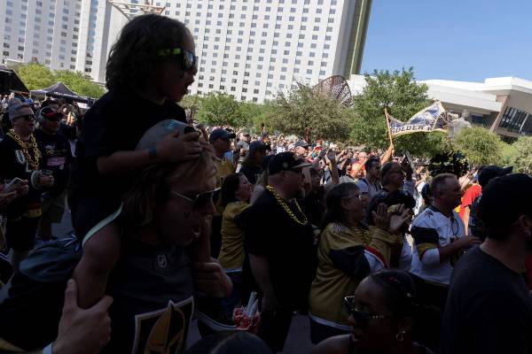 Golden Knights fans gather outside T-Mobile Arena before Game 5 of the NHL hockey Stanley Cup W ...