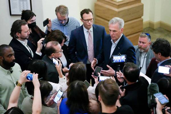 House Speaker Kevin McCarthy of Calif., speaks with members of the press about debt limit negot ...
