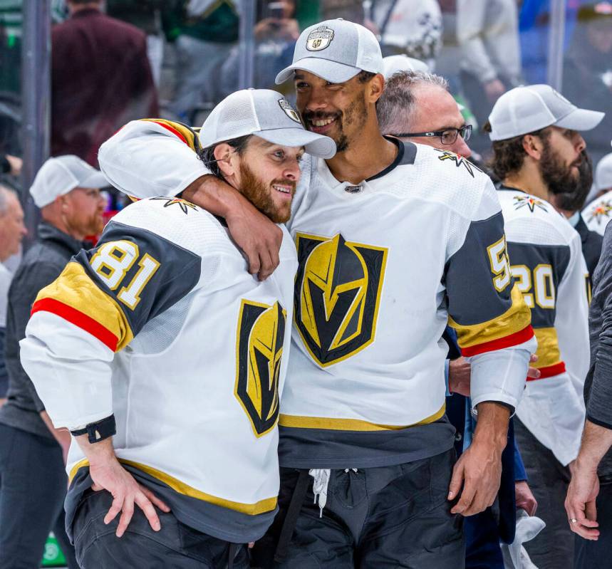 Golden Knights right wing Jonathan Marchessault (81) and right wing Keegan Kolesar (55) celebr ...