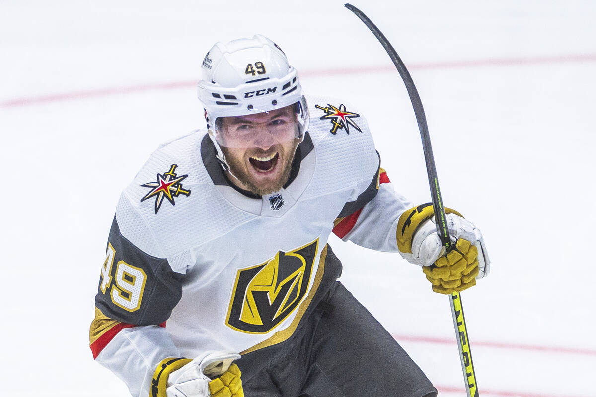 Golden Knights center Ivan Barbashev (49) celebrates the fourth goal against the Dallas Stars i ...