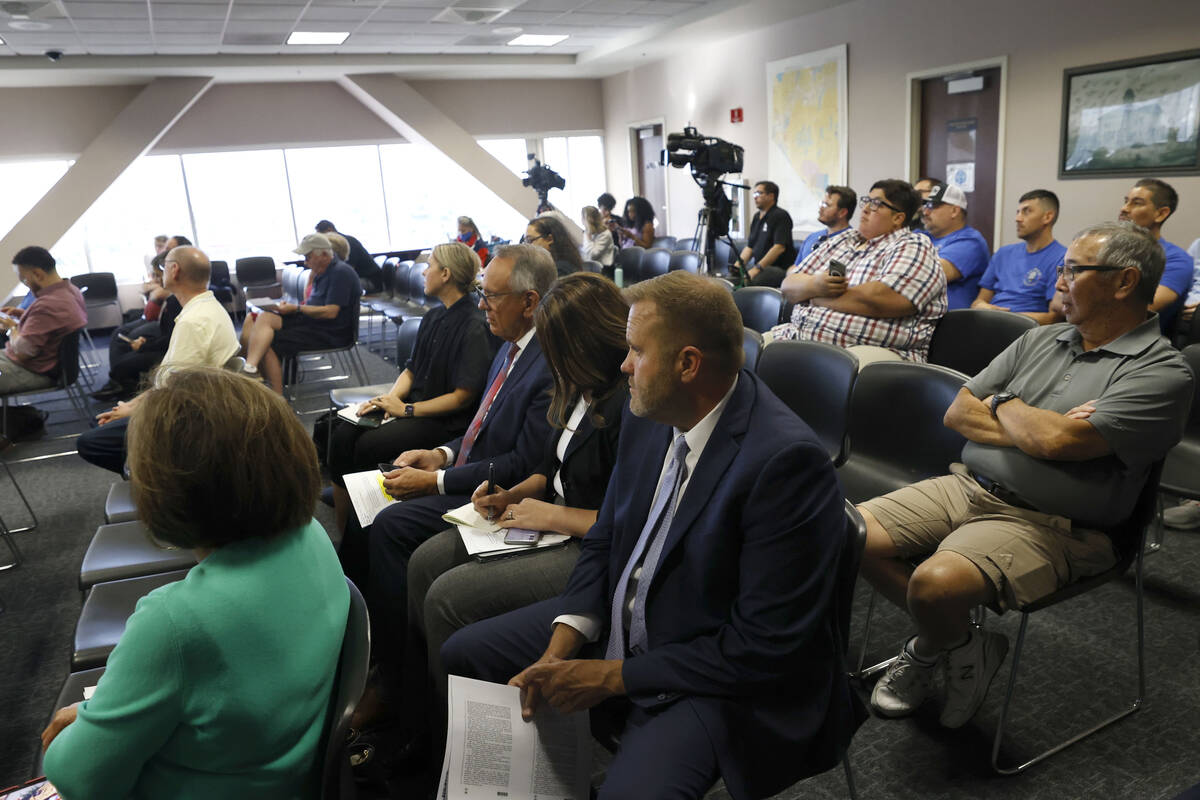 People listen during a joint meeting of the Senate Committee on Finance and the Assembly Commit ...