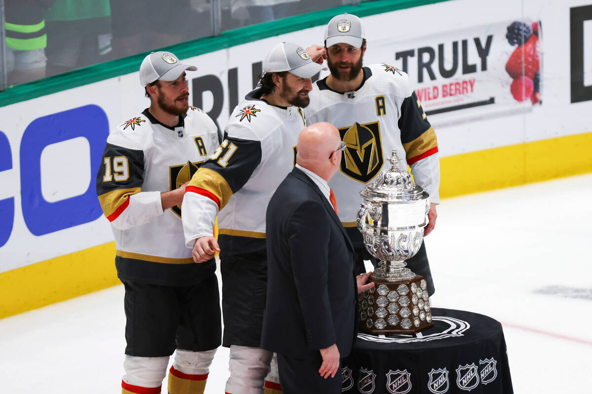 Vegas Golden Knights players Reilly Smith, left, Mark Stone, back center, and Alex Pietrangelo ...