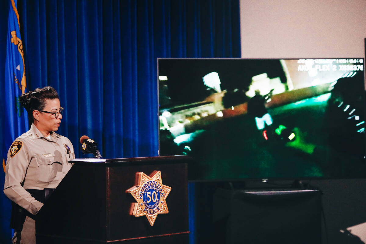 Assistant Sheriff Yasina Yatomi shows body camera footage of an Matthew Glunt allegedly shootin ...