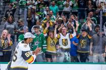 Golden Knights right wing Keegan Kolesar (55) applauds the fans all excited after defeating the ...