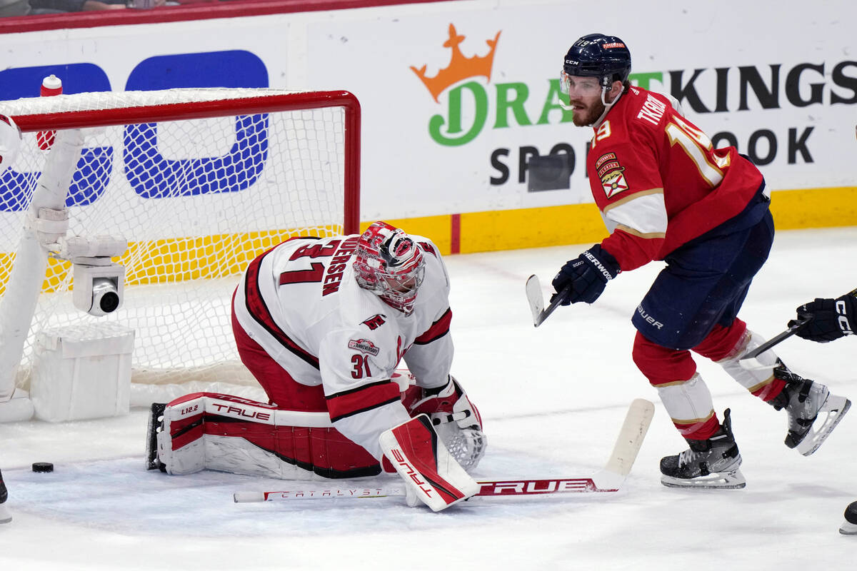 Florida Panthers left wing Matthew Tkachuk (19) scores a goal past Carolina Hurricanes goaltend ...