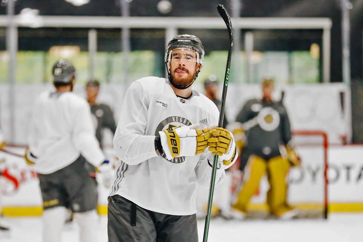 Golden Knights right winger Reilly Smith sticks his tongue out during practice on Friday, June ...