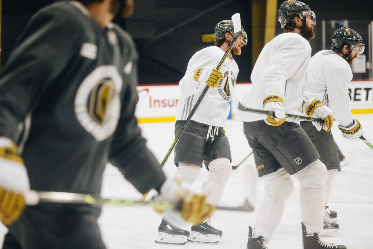 Golden Knights center Jack Eichel, center, practices alongside his teammates on Friday, June 2, ...