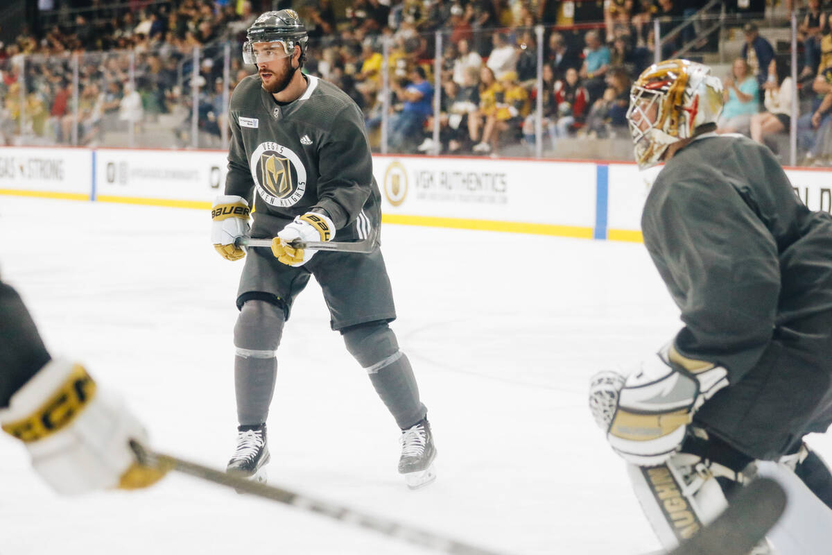 Golden Knights right wing Reilly Smith practices with his teammates on Friday, June 2, 2023, at ...