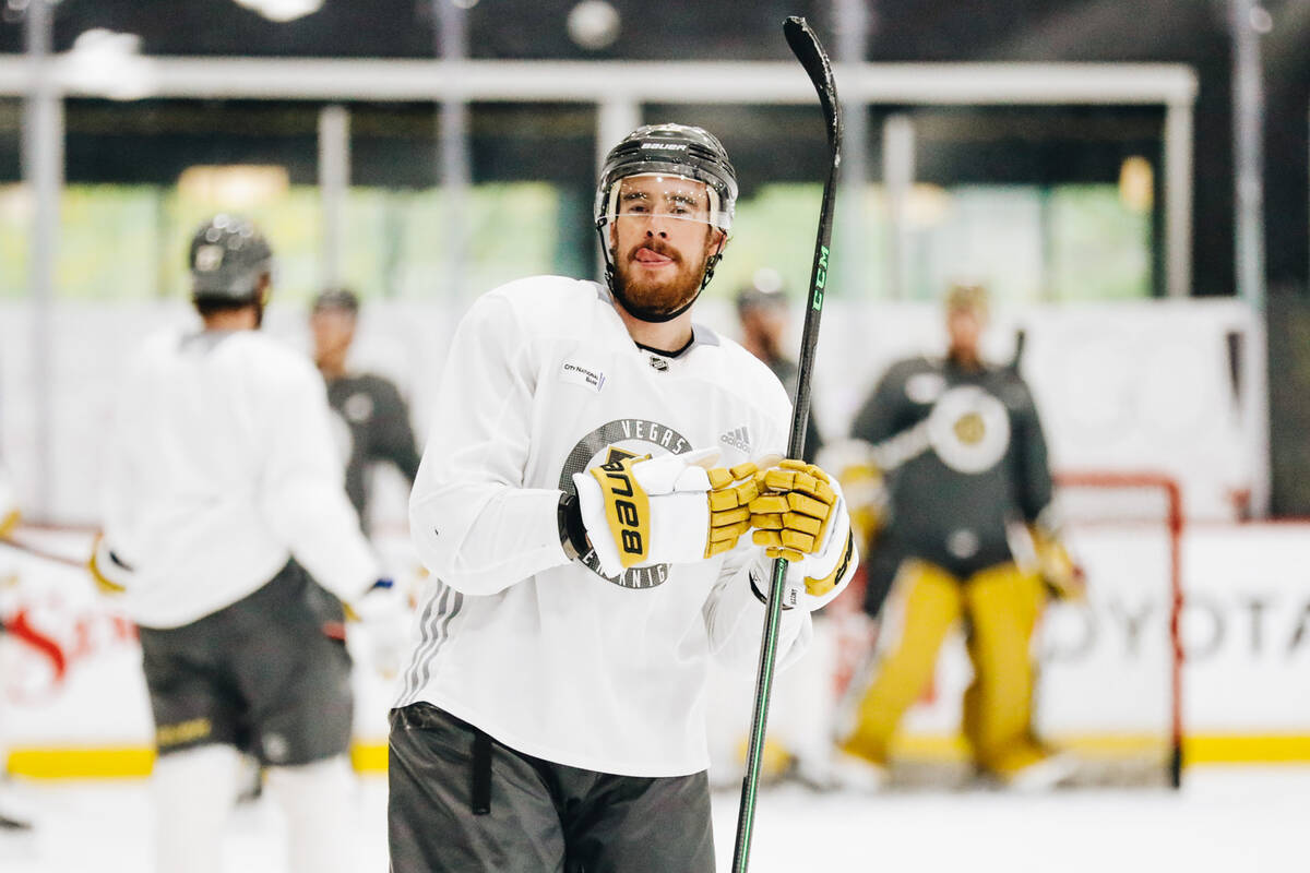 Golden Knights right winger Reilly Smith sticks his tongue out during practice on Friday, June ...