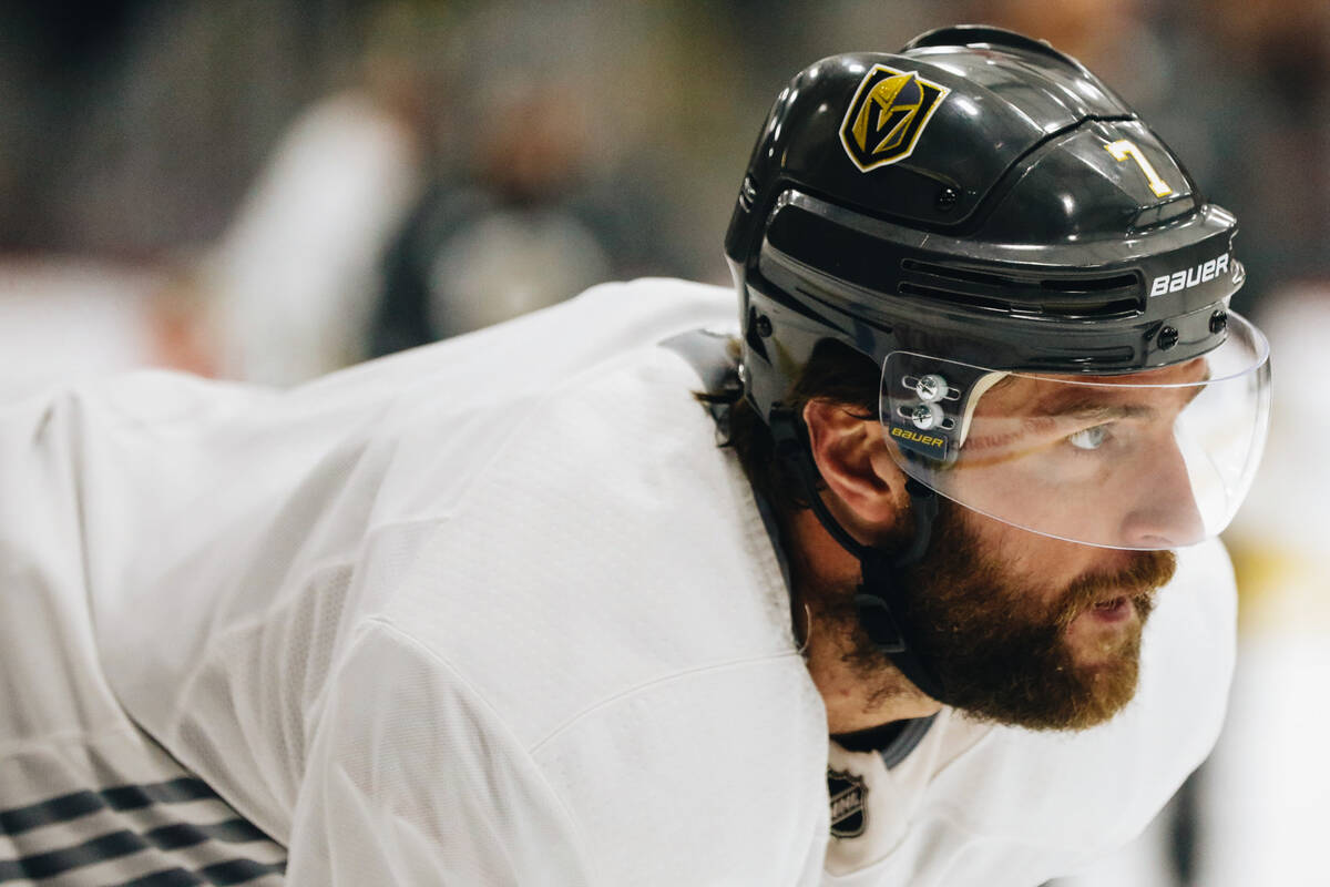 Golden Knights defenseman Alex Pietrangelo watches his teammates during practice on Friday, Jun ...