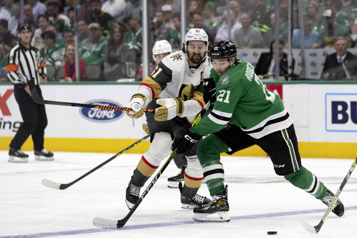 Golden Knights right wing Mark Stone (61) skates against Dallas Stars left wing Jason Robertson ...