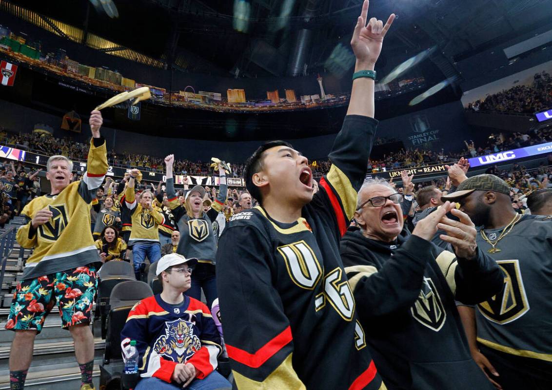 Golden Knights fans react after Golden Knights right wing Jonathan Marchessault (81) scored a g ...