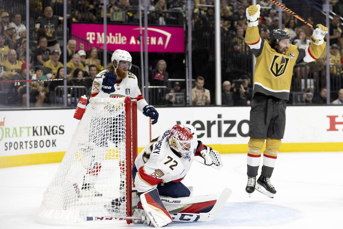 Golden Knights right wing Mark Stone (61) celebrates his team’s goal over Florida Panthe ...