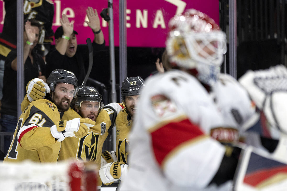 Golden Knights right wing Mark Stone (61), right wing Jonathan Marchessault (81) and defenseman ...