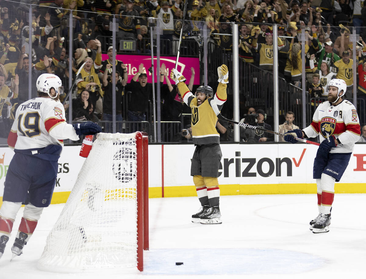 Golden Knights center Chandler Stephenson (20) celebrates right wing Mark Stone’s goal o ...