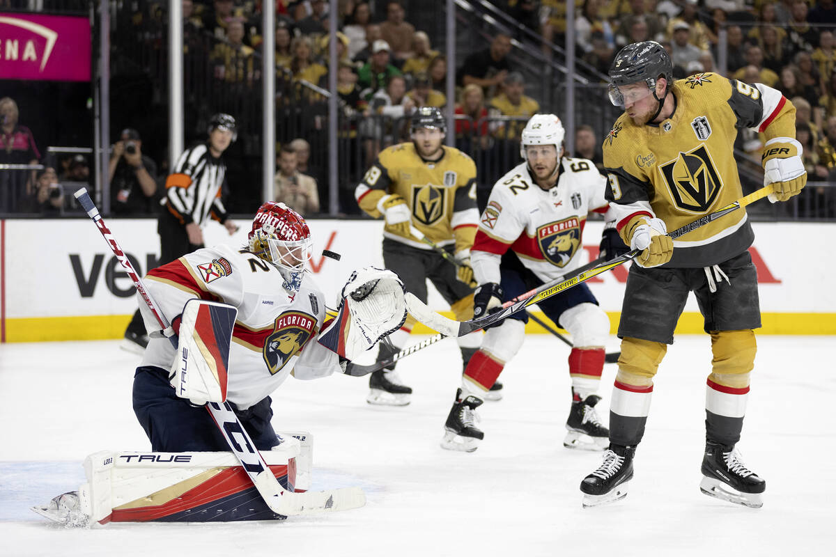 Florida Panthers goaltender Sergei Bobrovsky (72) saves the puck against Golden Knights center ...