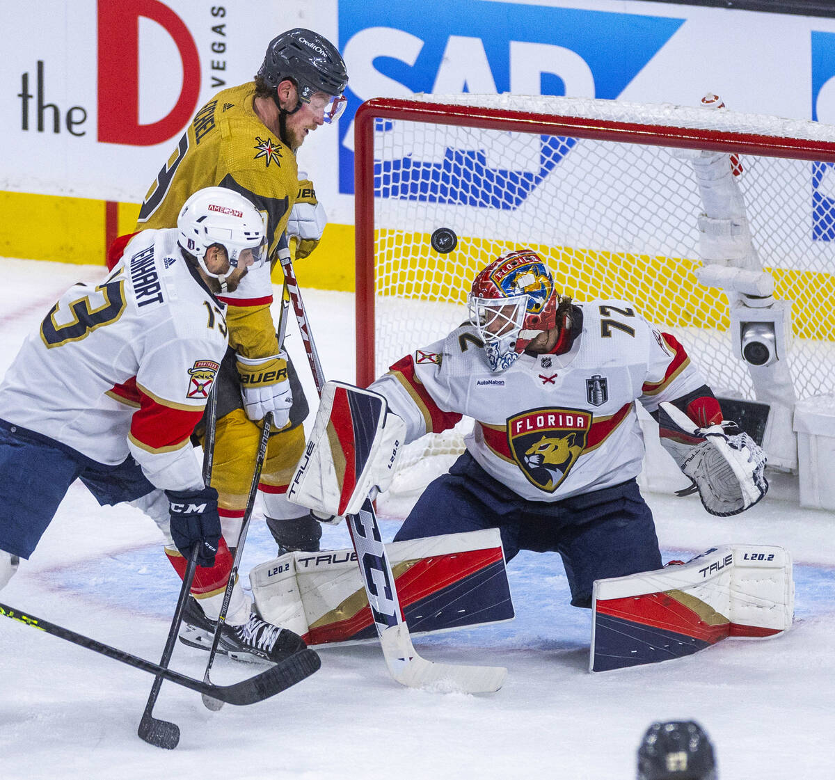 Golden Knights center Jack Eichel (9) nearly scores on Florida Panthers goaltender Sergei Bobro ...