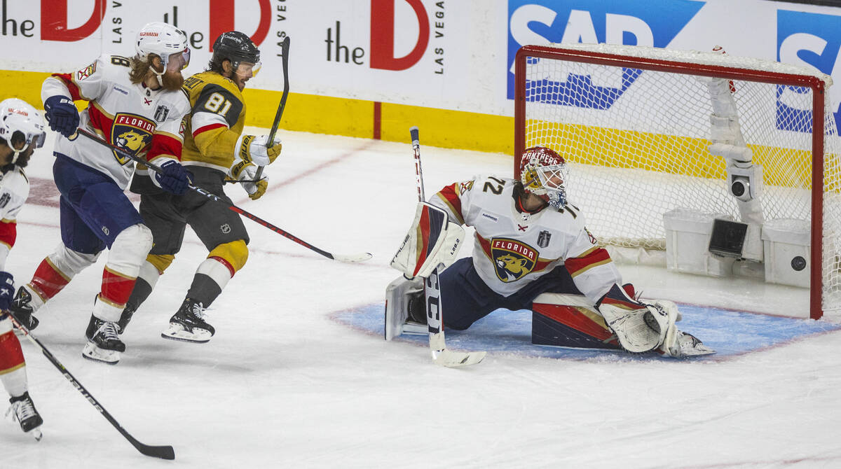 Golden Knights right wing Jonathan Marchessault (81) watches the puck get past Florida Panthers ...