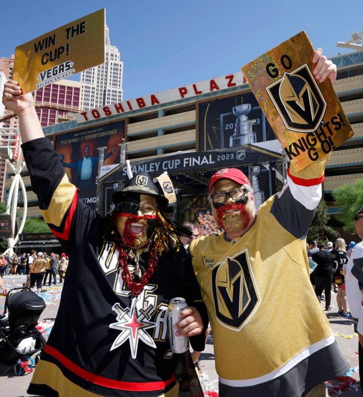 Golden Knights fans Albert Ronquillo, left, and Matt Schafer, right, both from Las Vegas, pose ...