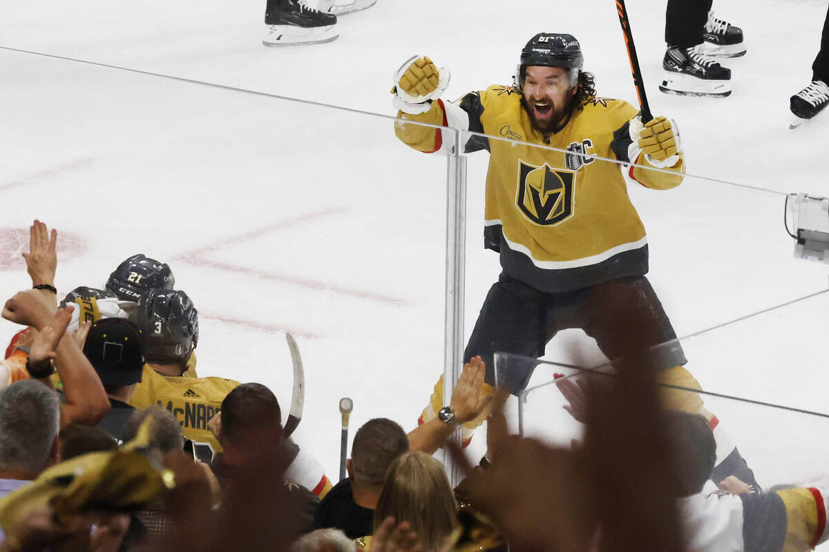 Golden Knights right wing Mark Stone (61) reacts after his teammate Golden Knights defenseman ...