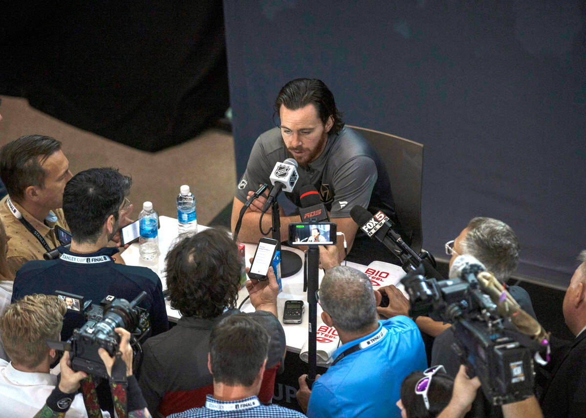 Golden Knights forward Johnathan Marchessault answers questions during a Stanley Cup media day ...