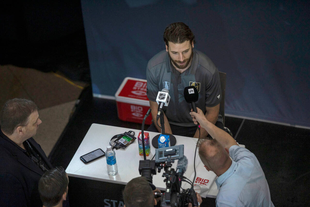 Golden Knights defenseman Shea Theodore takes questions during a Stanley Cup media day at T-Mob ...