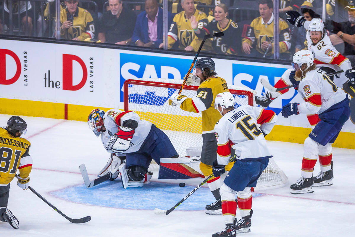 Golden Knights right wing Jonathan Marchessault (81) scores on Florida Panthers goaltender Serg ...