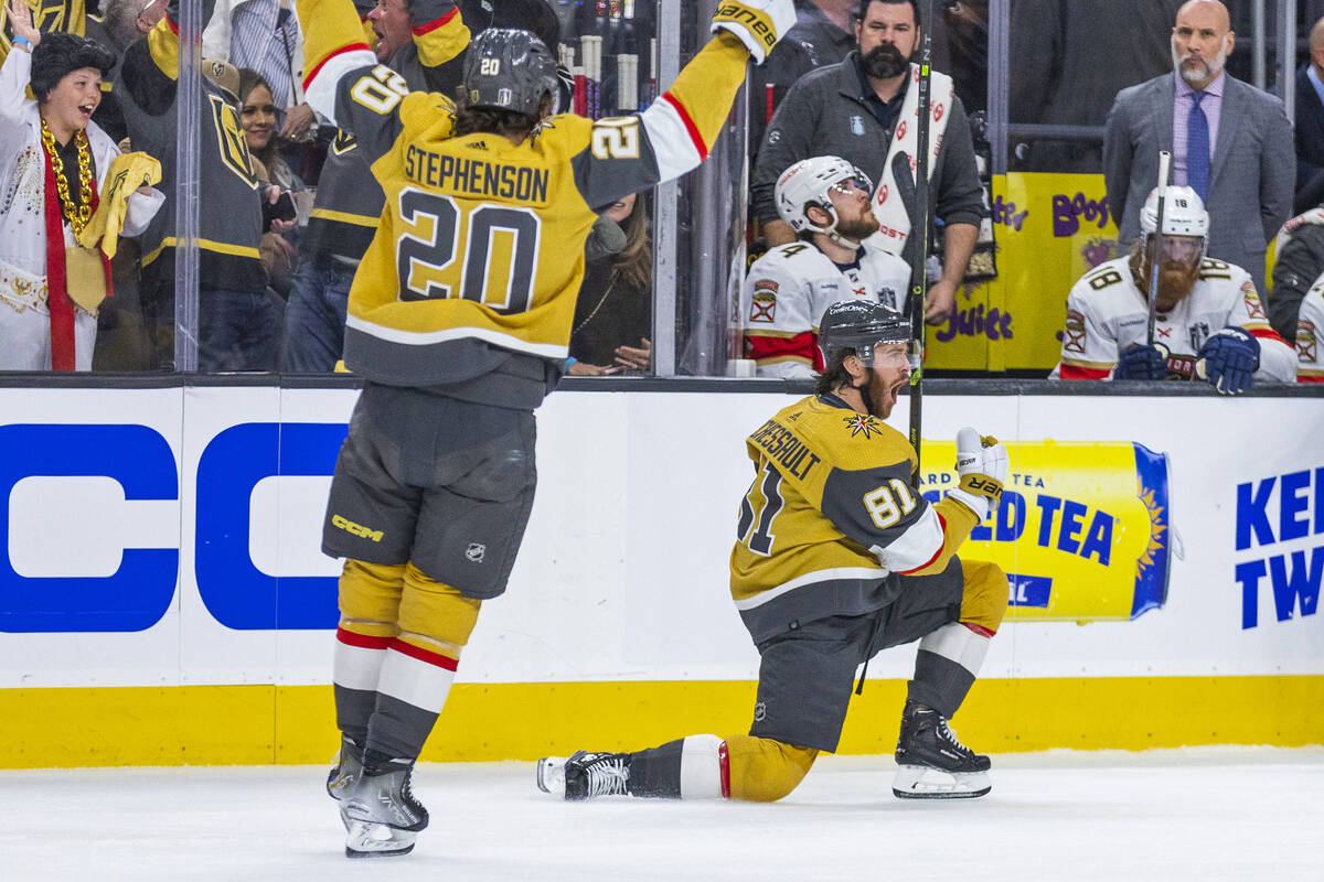 Golden Knights right wing Jonathan Marchessault (81) and teammates celebrate a goal against the ...