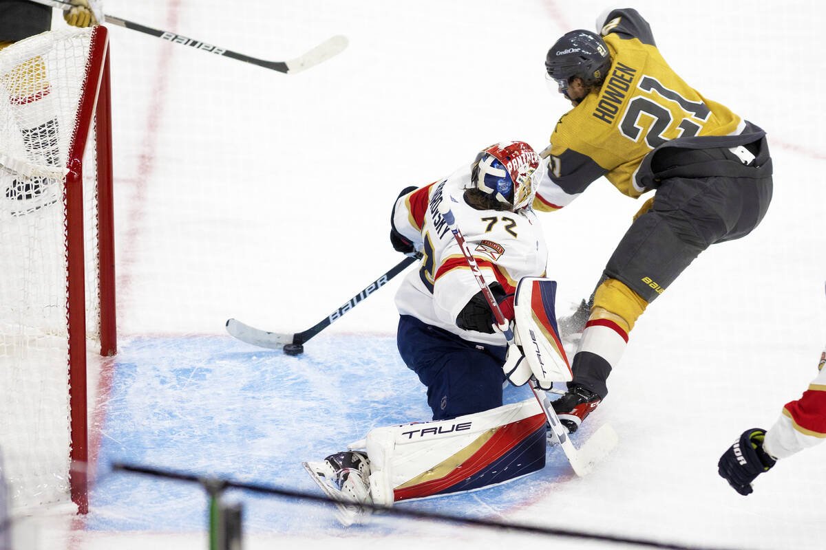 Golden Knights center Brett Howden (21) scores on Florida Panthers goaltender Sergei Bobrovsky ...