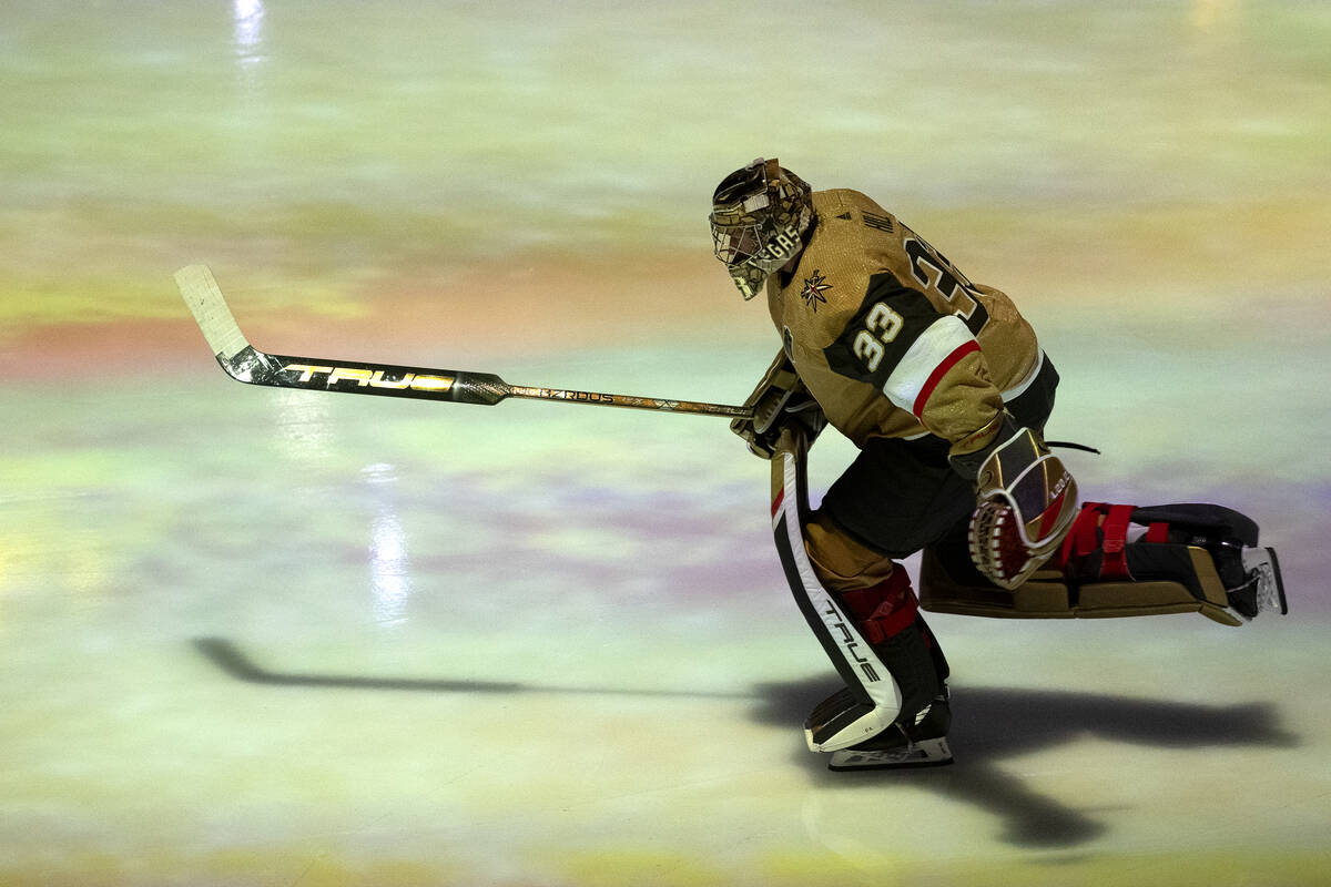 Golden Knights goaltender Adin Hill (33) takes the ice before Game 2 of the NHL hockey Stanley ...