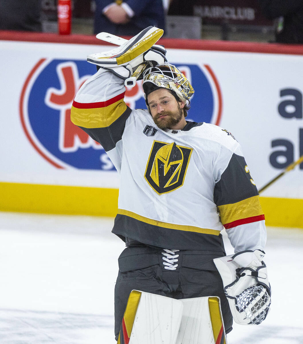 Golden Knights goaltender Adin Hill (33) skates during warm ups before Game 3 of the NHL hockey ...