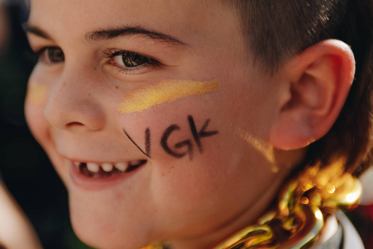 Harrison Tieru, 6, smiles as the Golden knights take to the ice on Thursday, June 8, 2023, duri ...