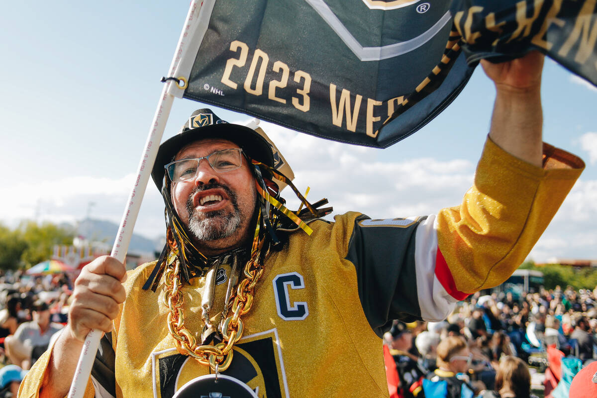 Albert Ronquillo cheers for the Golden Knights on Thursday, June 8, 2023, during game three of ...