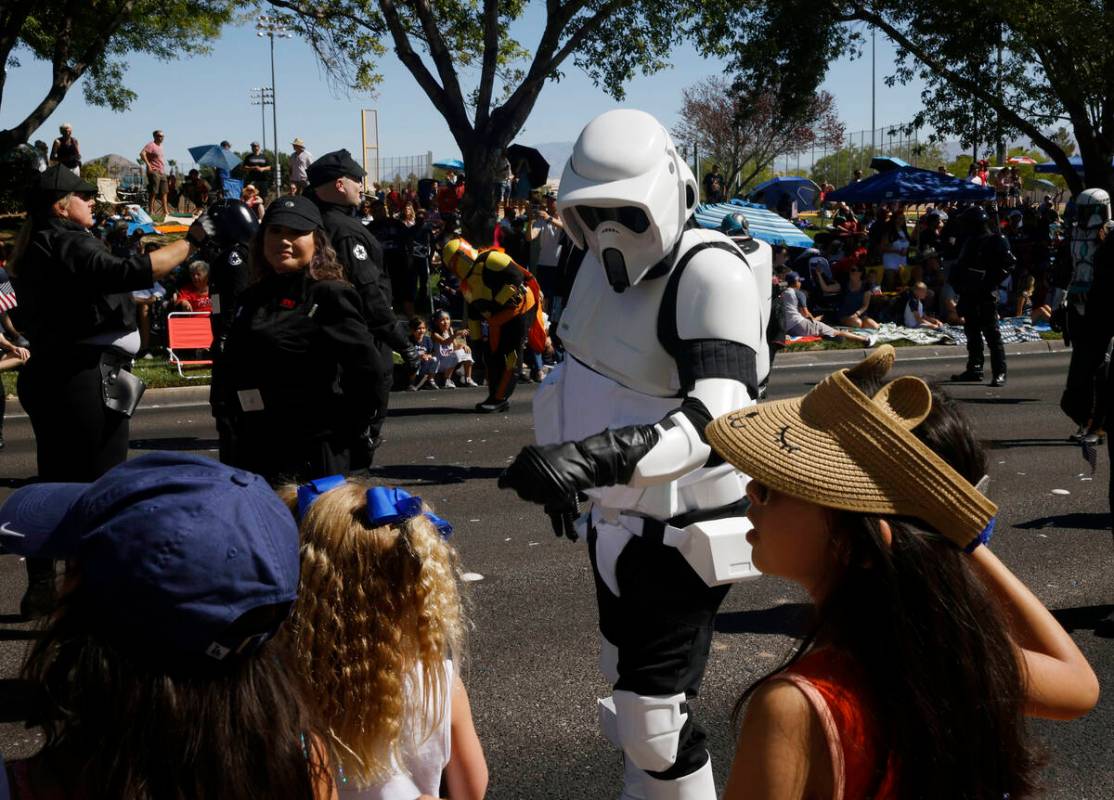 A Star Wars character greets people during the 28th annual Summerlin Council Patriotic Parade, ...