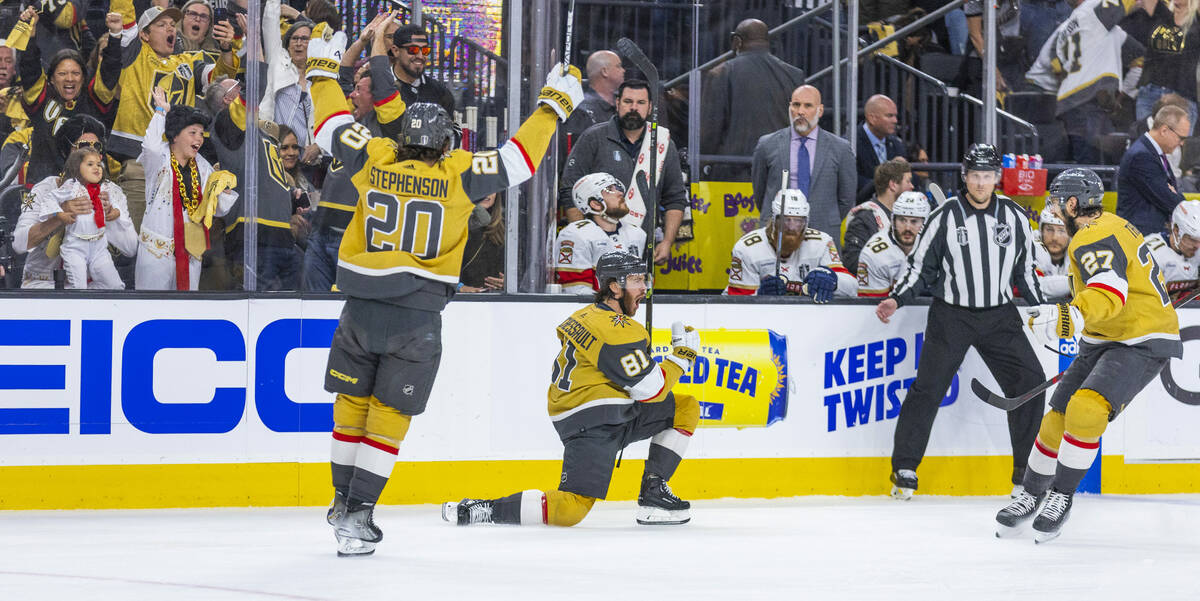 Golden Knights right wing Jonathan Marchessault (81) and teammates celebrate a goal against the ...