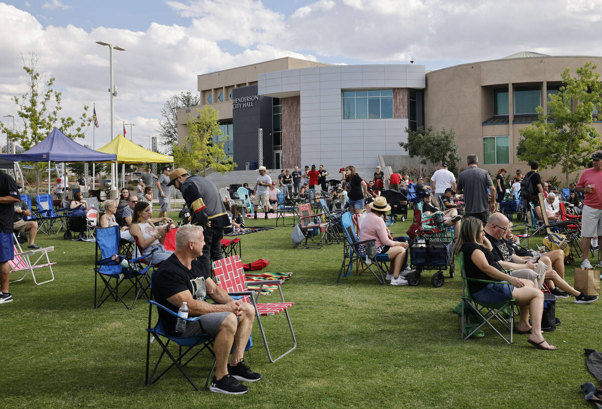 People gather for a watch party of the NHL hockey Stanley Cup Final at the Water Street Plaza, ...