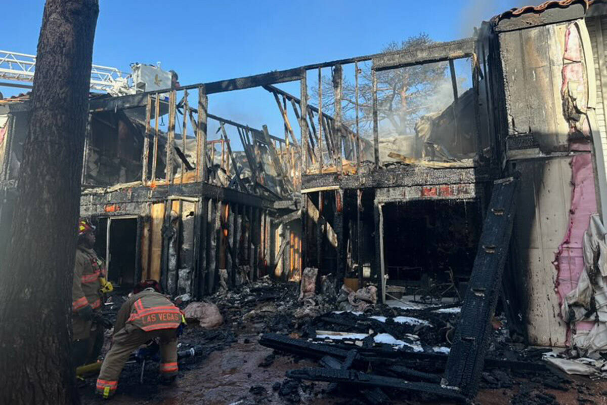 Burned apartments are seen at the Tides on Charleston, Tuesday, June 6, 2023, in Las Vegas. (La ...