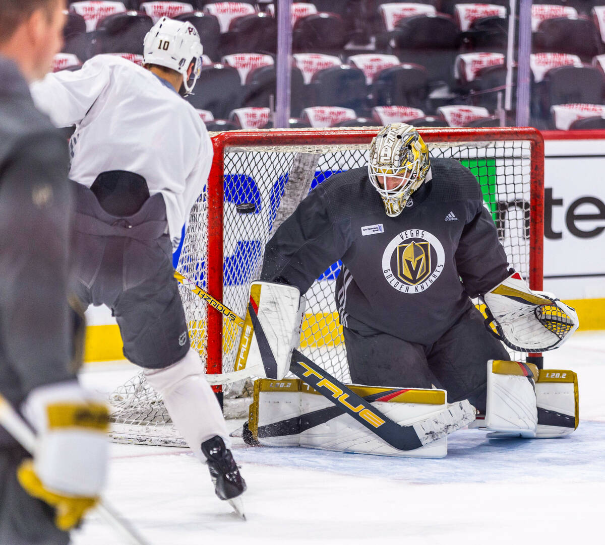 Golden Knights center Nicolas Roy (10) takes a shot at the net defended by goaltender Adin Hill ...