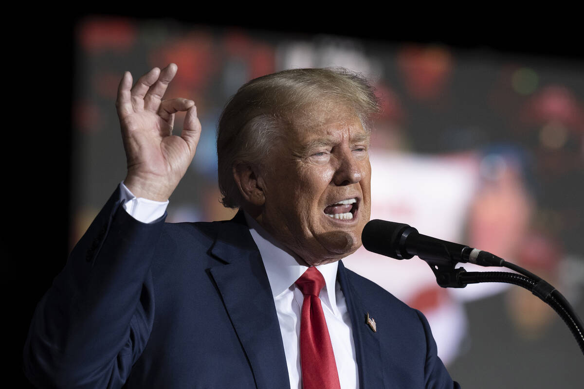 FILE - Former President Donald Trump speaks at the Minden Tahoe Airport in Minden, Nev., on Oct ...