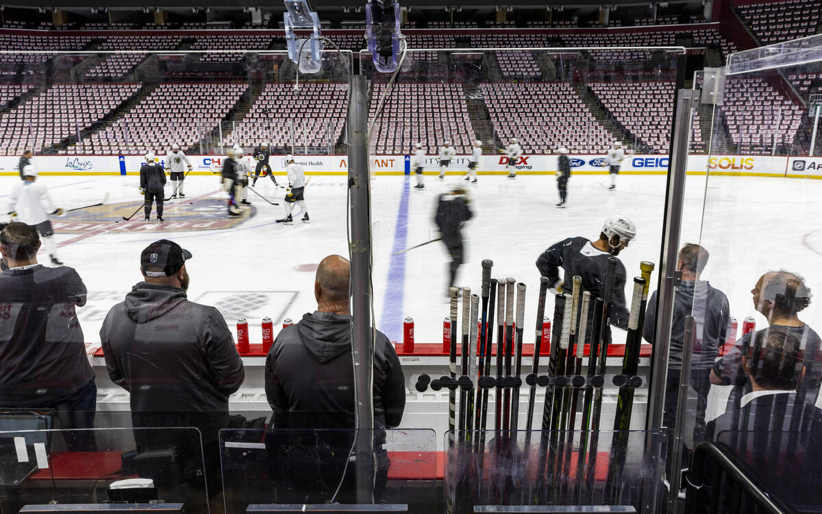 Golden Knights players skate on the ice during the morning skate before Game 4 of the NHL hocke ...