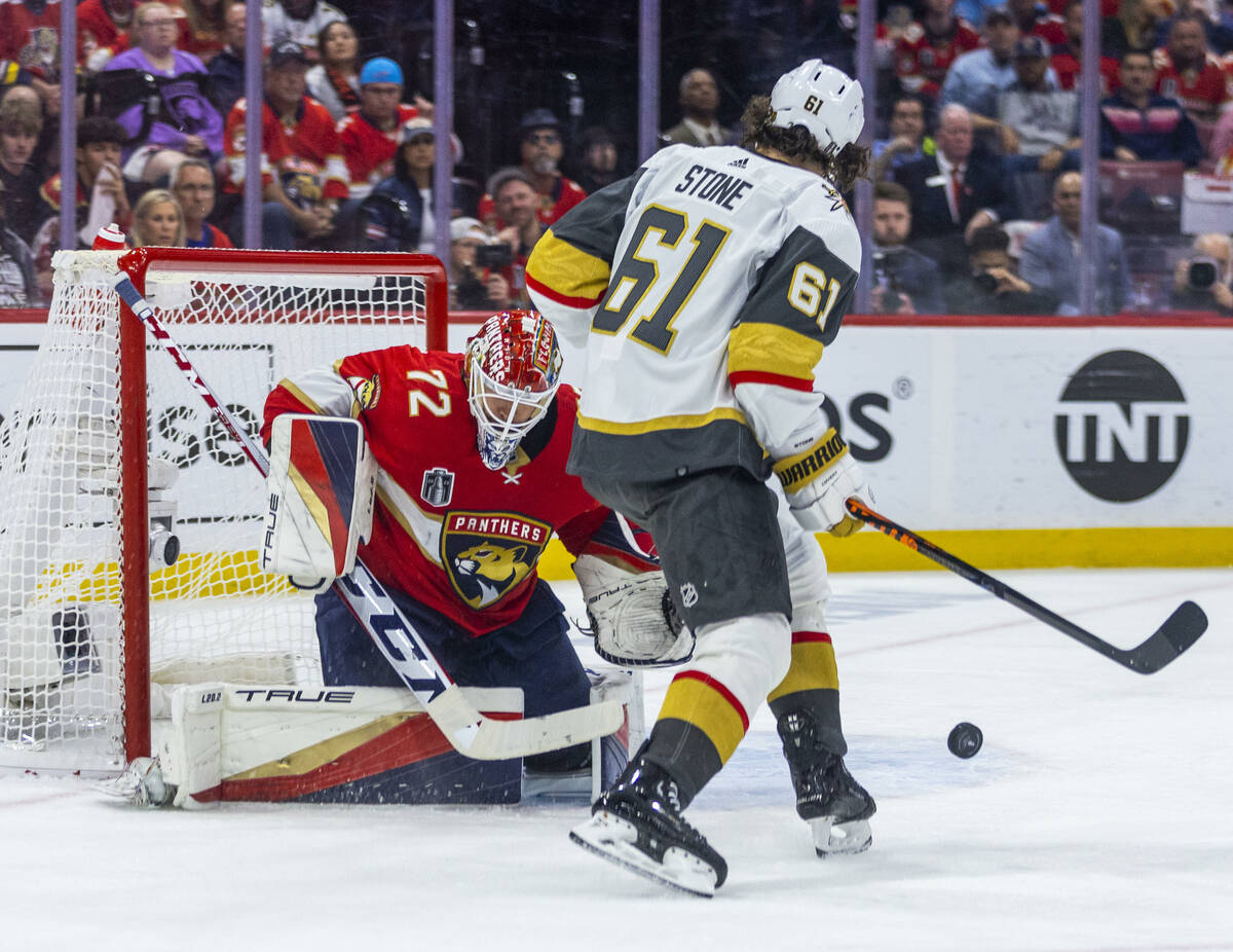 Golden Knights right wing Mark Stone (61) takes shot on Florida Panthers goaltender Sergei Bobr ...