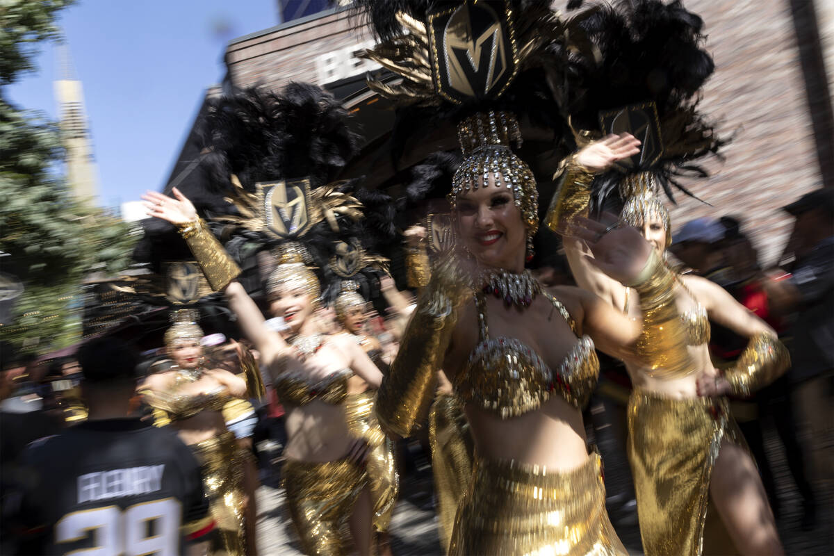 The Vegas Belles parade toward T-Mobile Arena before Game 5 of the NHL hockey Stanley Cup Final ...