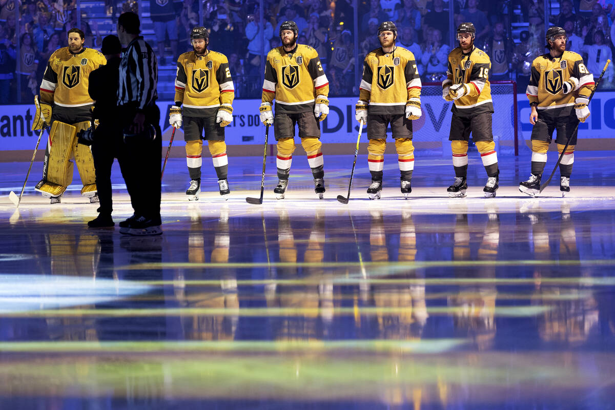 The Golden Knights starting lineup takes the ice before facing the Florida Panthers in Game 5 o ...