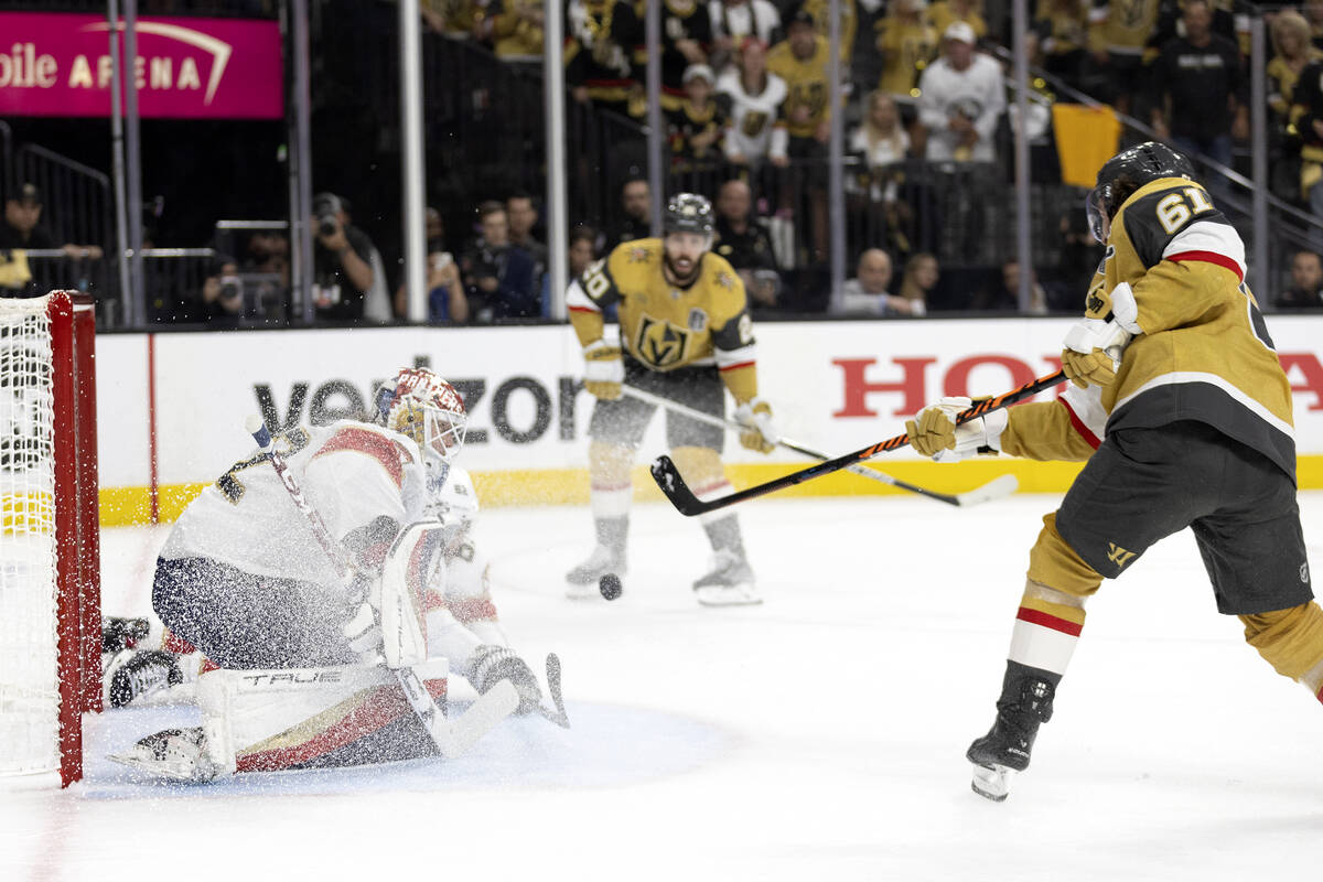 Golden Knights right wing Mark Stone (61) scores on Florida Panthers goaltender Sergei Bobrovsk ...